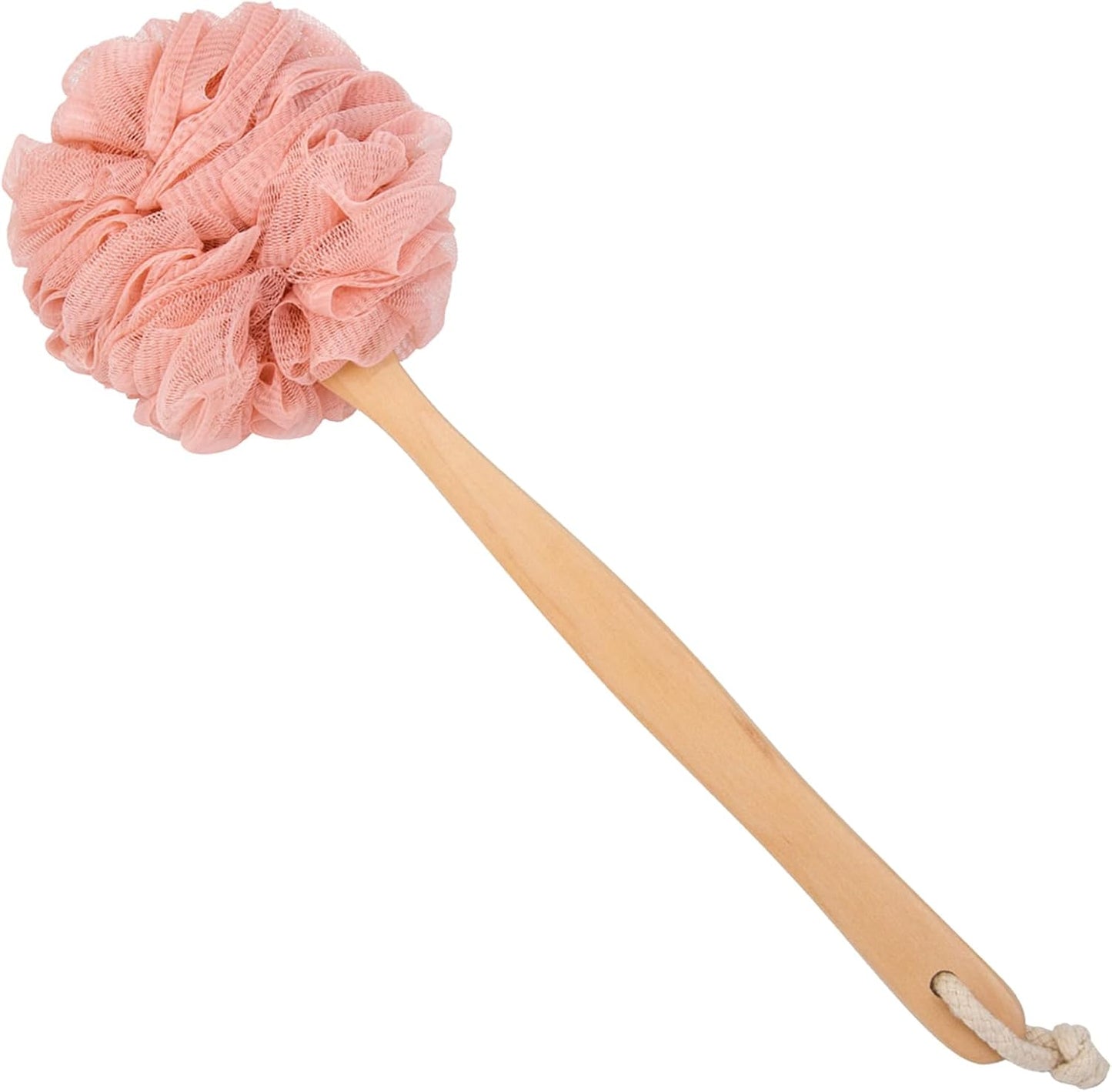 Loofah Back Scrubber for Shower, Wooden Long Handle Bath Sponge Lufa Shower Brush, Soft Nylon Mesh Back Cleaner Washer, Women & Men Exfoliating Luffa Pouf on a Stick for Body (Pink)