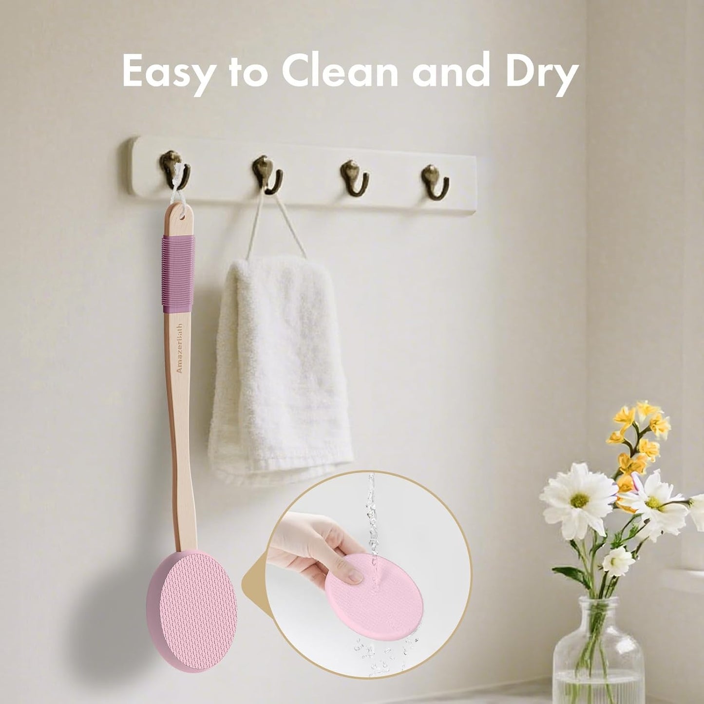 AmazerBath Lotion Applicator for Back, Feet, 4 Replaceable Pads with Long Handle, Back Sunscreen Applicator for Elderly, Women, Apply Cream Medicine Skin Cream Moisturizer Sunscreen Tanner, Pink