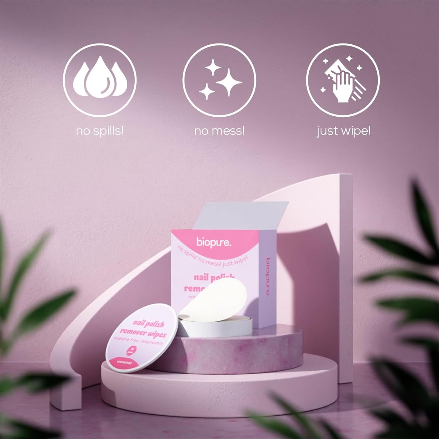 Biopure Nail Polish Remover Wipes Acetone-Free & Non-Toxic – Quick & Easy Nail Polish Removal, Travel-Friendly Disposable Pads w/Sealable Jar (30 Count, Unscented)