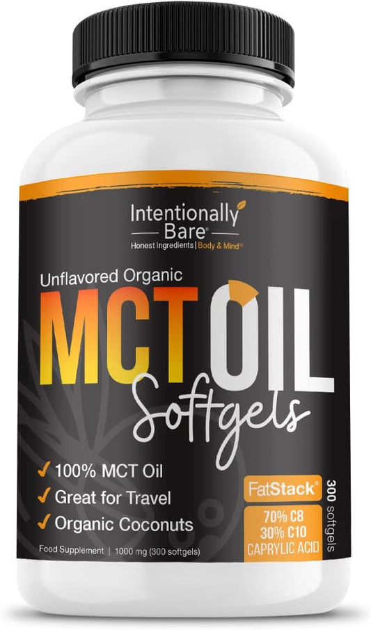 Intentionally Bare Organic MCT Oil Capsules - 70% C8 MCT Oil & 30% C10 MCT Capsules Unflavored for Keto Low Carb and Paleo Diet - Coconut C8 & C10 for Energy Mood & Focus - Non-GMO 300 Soft Gels