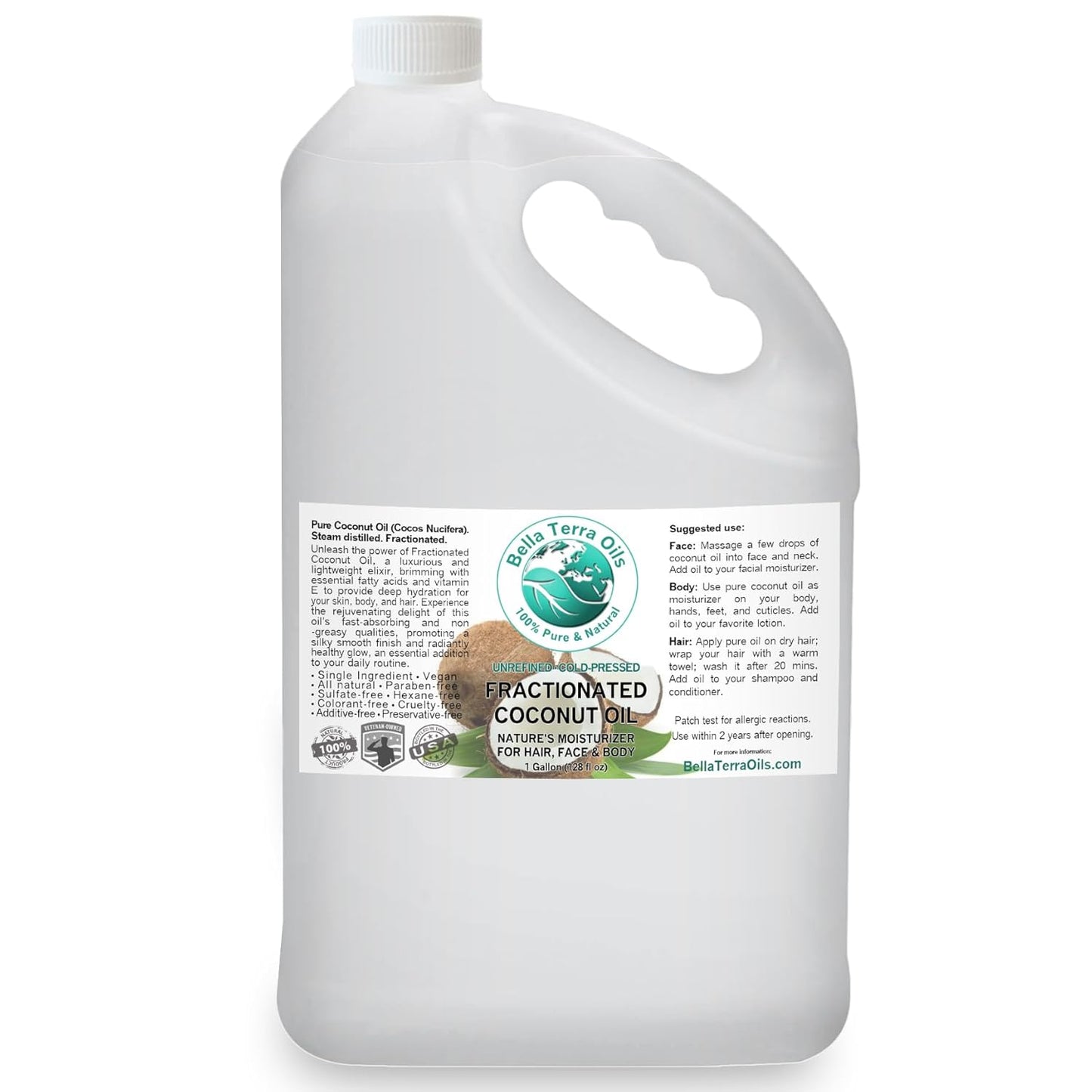 Bella Terra Oils Fractionated Coconut Oil (MCT Oil) – 1 gallon, Deeply Hydrating, Lightweight, Non-Greasy