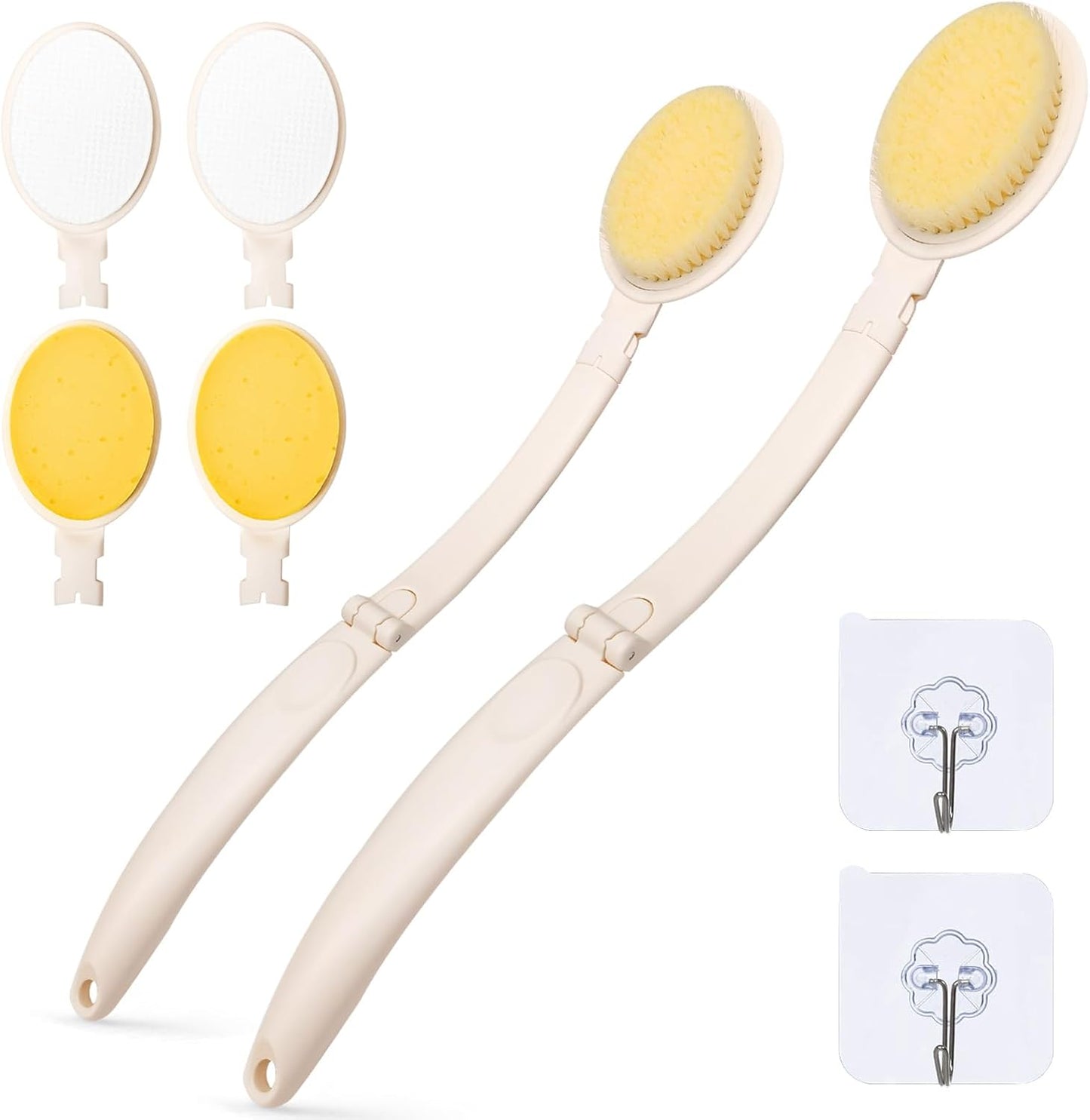 LFJ 19" Long Handle Shower Sponge Brush Set, 3 in 1 Body Brush, Bath Sponge and Lotion Applicator Improved Skin Health, Suitable for Men and Women (White Brush-2P)