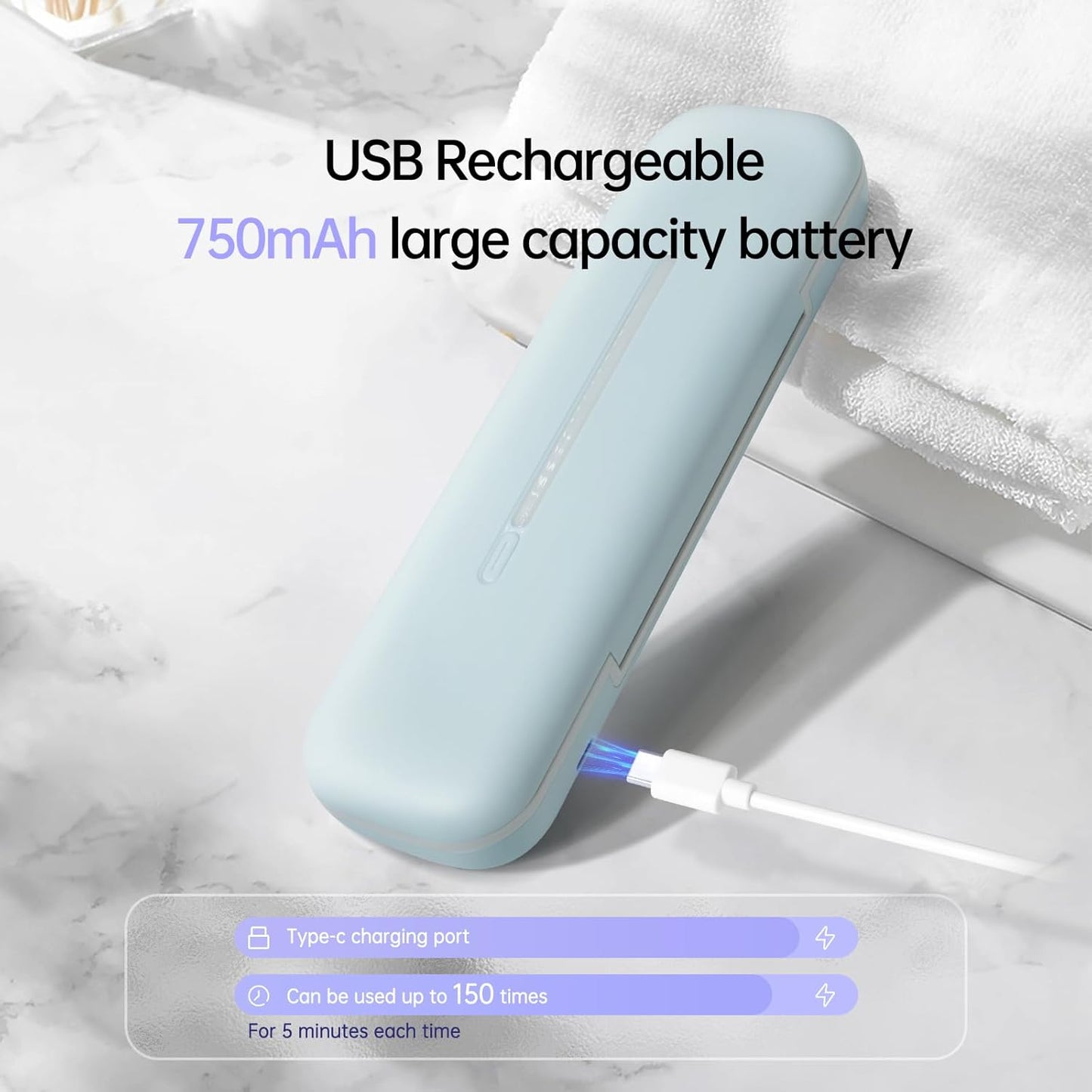 Toothbrush Holder, Toothbrush Cleaner Case, Portable USB Charging Toothbrush Cover with U V-C Light, Travel Toothbrush Holder (Blue-Large)