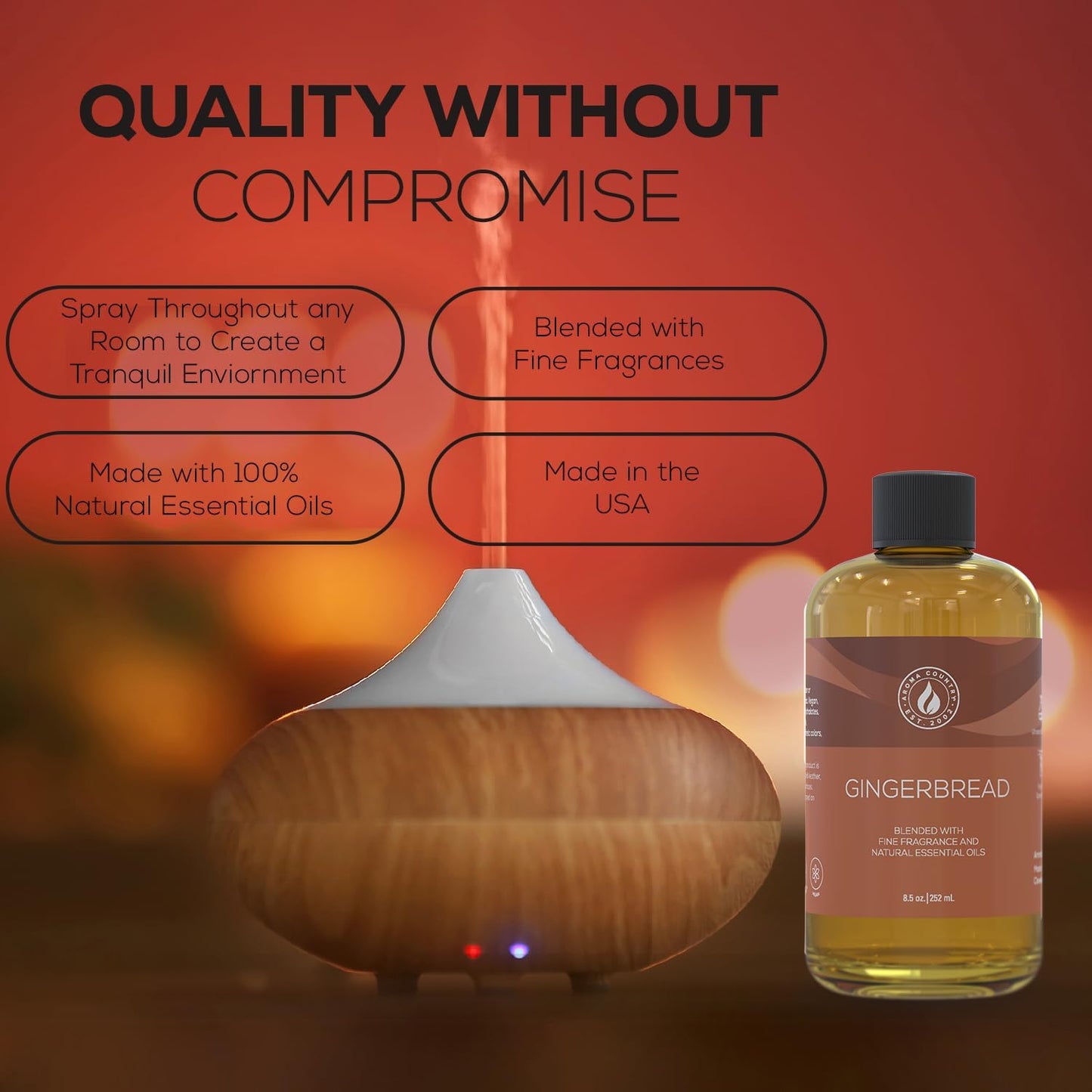 Aroma Country Gingerbread Diffuser Oil - Luxury Essential Oils for Diffuser Refill & Air Freshener Room Spray - Long-Lasting & Natural Home Fragrance, Gingerbread Scented Oil (8.5 Fl. oz)