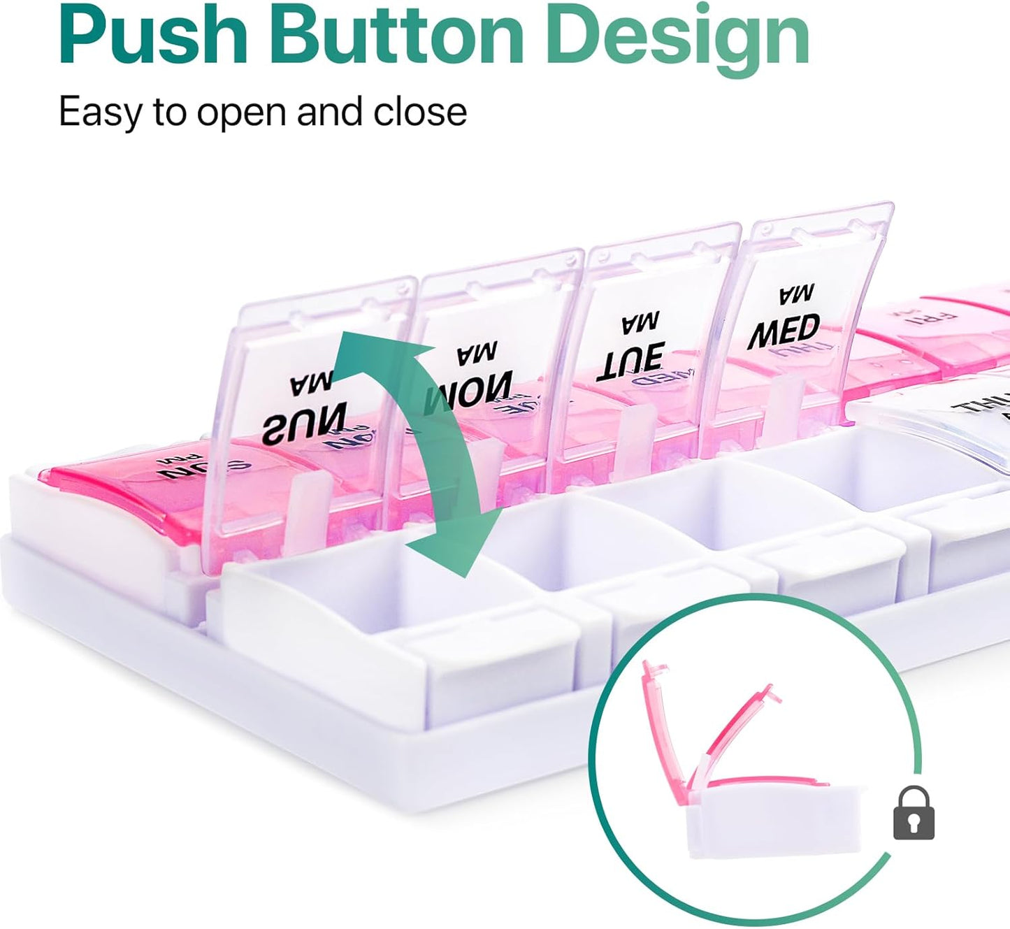 Sukuos AM PM Weekly Pill Organizer 7 Day, 2 Times A Day Medicine Pill Box with Easy Push Button, BPA Free Vitamin Cases for Fish Oil/Supplements (Pink&White)