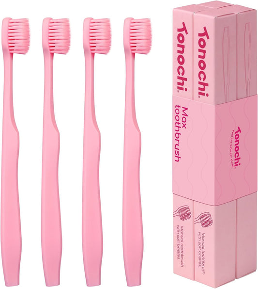 Max Extra-Soft Toothbrush for Adults Sensitive Gums – Gentle Bristles, Wide Angled Head for Back Teeth, Ergonomic Non-Slip Grip, BPA-Free Handle, Individually Wrapped, 4-Pack(Pink)