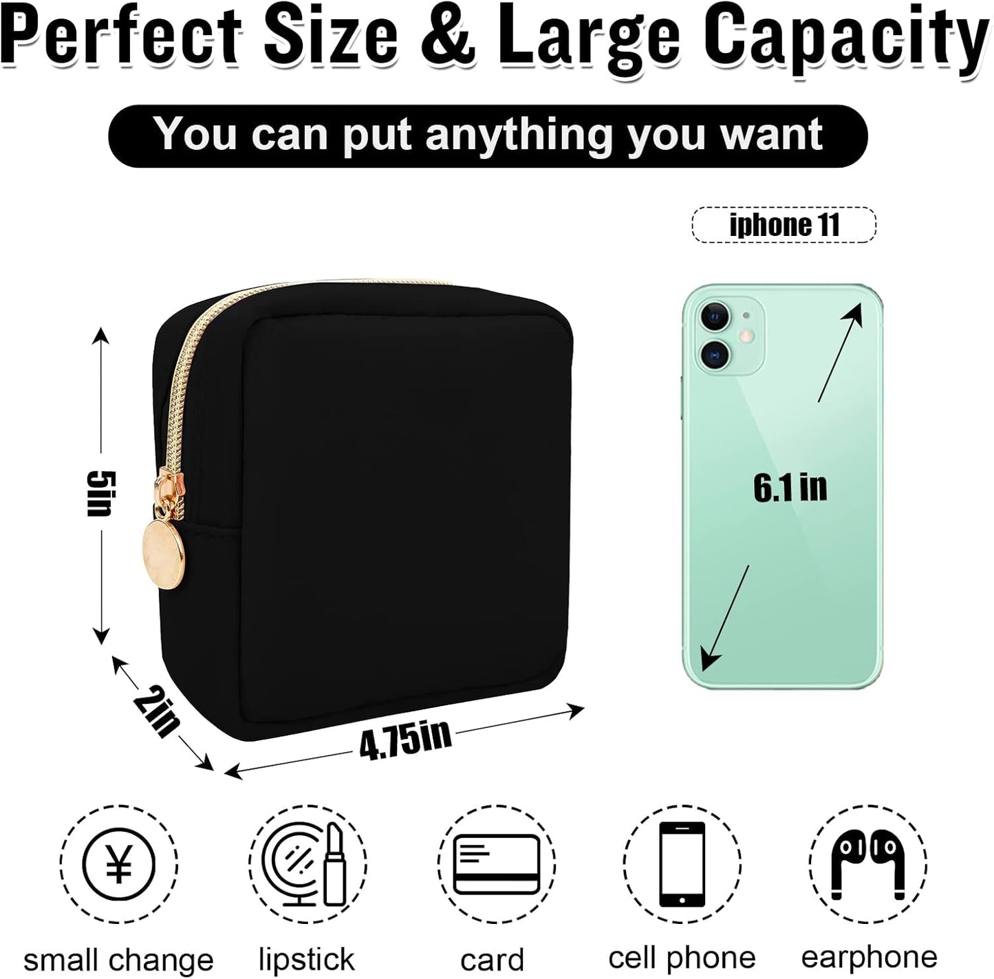 Nylon Mini Makeup Bag for Purse, Preppy Small Cute Black Makeup Bag Cosmetic Zipper Pouch Purse, Waterproof Travel Coin Pouch Sanitary Napkin Storage Bag Clutch Makeup Organizer for Women Girls(Black)