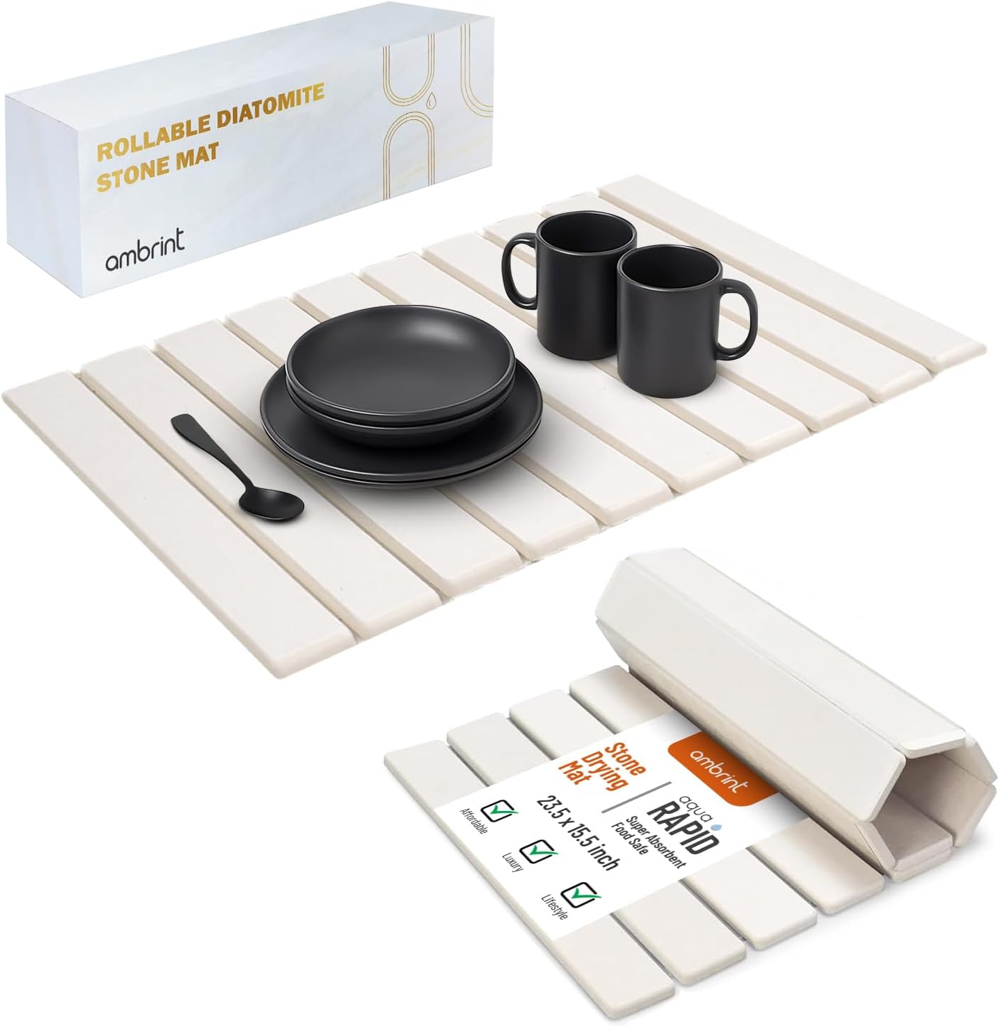 Large Stone Dish Drying Mat for Kitchen Counter 24"x16" – Super Absorbent Diatomaceous Earth Mat, Foldable Quick Dry Countertop Pad, Heat Resistant Dish Rack Mat for Dishes, Pots, Cups & Utensils