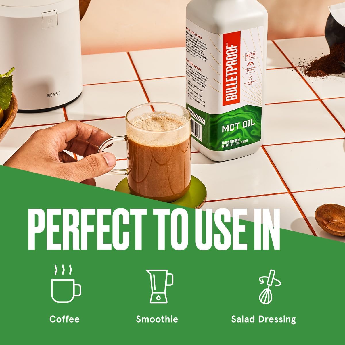 Bulletproof MCT Oil Made with C10 and C8 Oil, 32 Ounces, Keto Supplement for Sustained Energy, Brain and Body Fuel, Add to Coffee and Smoothies