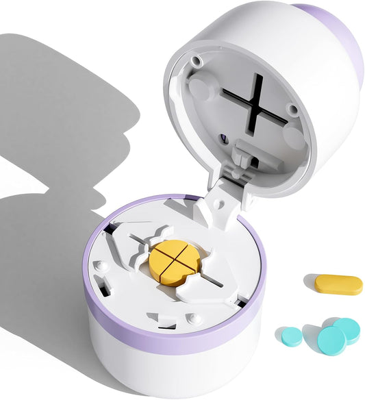 Pill Cutter - Pill Splitter with Stainless Steel Blade for Cutting Small Pills or Large Pills in one Fourth, Pill Cutter 1/4, Suitable for Cuting Vitamins, Tablets (1-4 Purple)