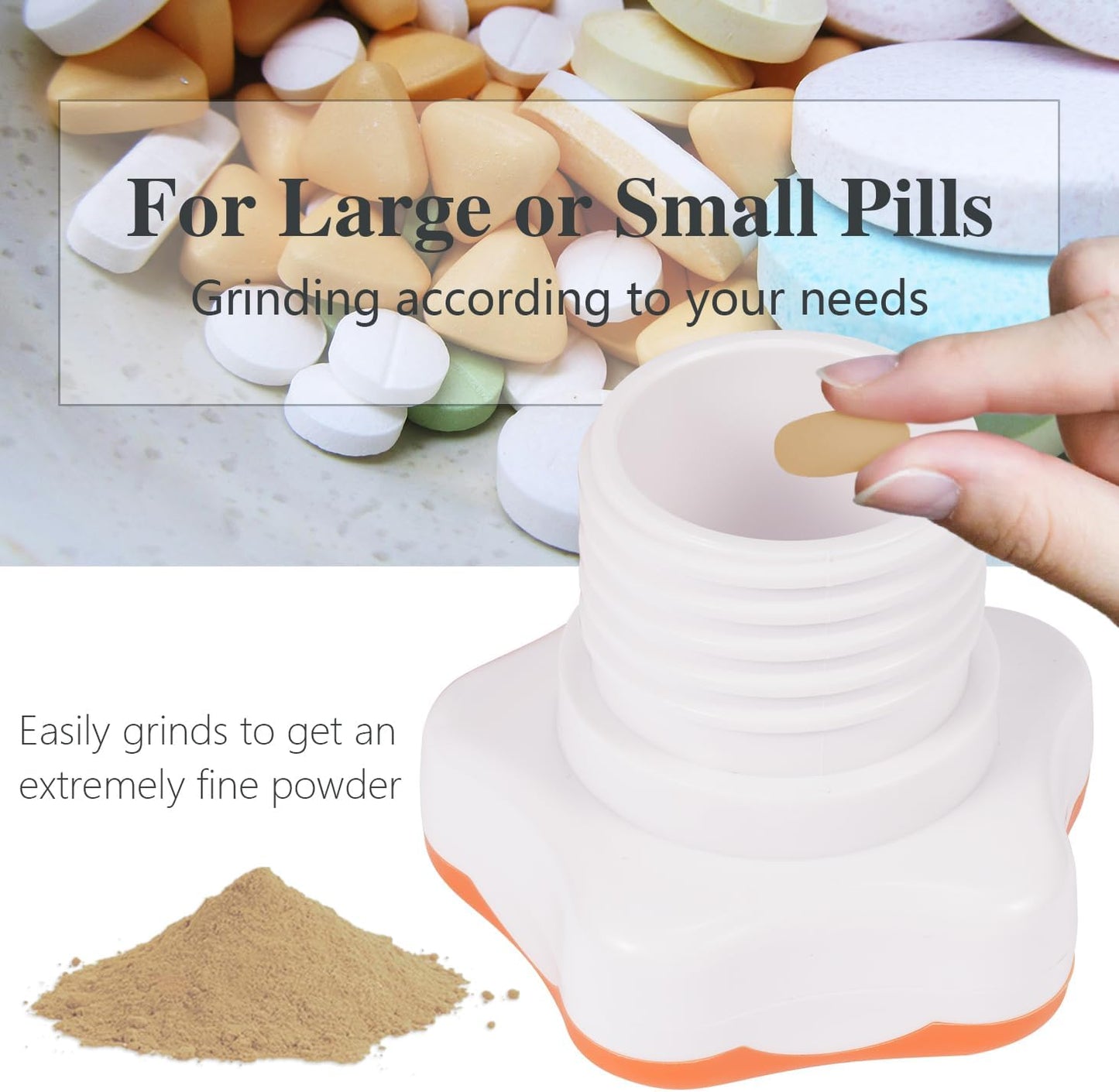 Johnbee Pill Crusher, Pill Grinder Fine Powder Extremely Fine. Storage Compartment. Pill Crushers for Elderly, Family and Pets. Silicone Edges. Grind Multiple Pills at Once - Cleaning Brush (Orange)