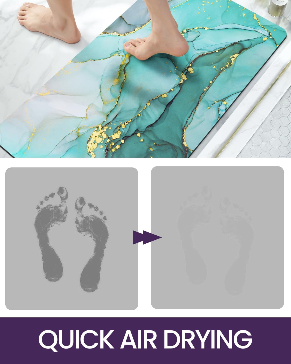 DEXI Bathroom Mat Ultra Thin, Non Slip Bath Rug for Shower Floor, Absorbent Quick Dry Marble Bathmats Low Profile, 16x24, Turquoise Green