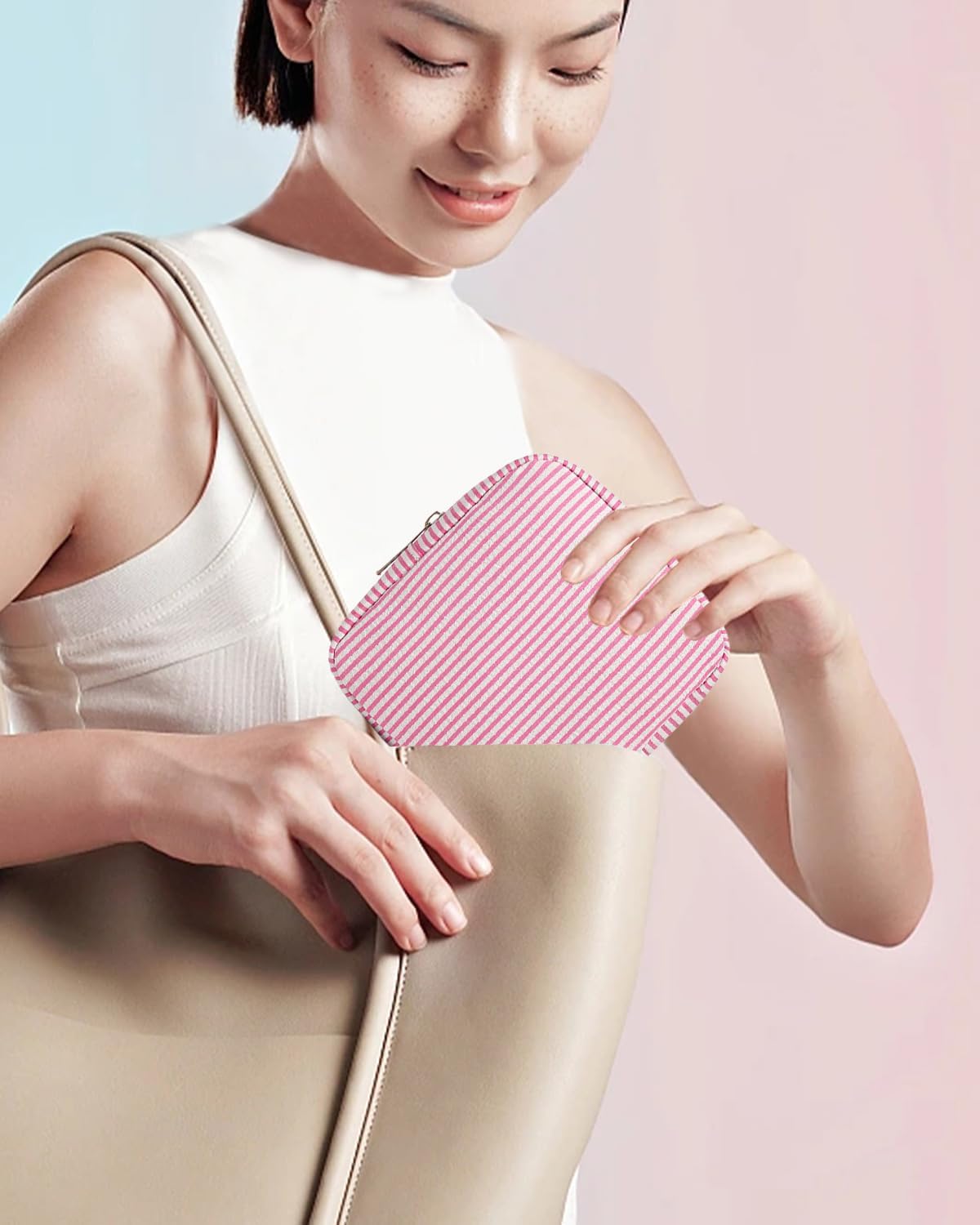 Mini Makeup Bag, Small Makeup Pouches for Purse Cute Cosmetics Bag Pouch with Slip-in Pockets Small Travel Toiletry Bag Makeup Storage Bag Lipstick Organizer Purse Essentials (Mini Pink)