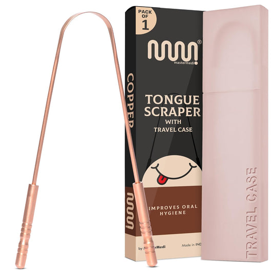 MasterMedi Pure Copper Tongue Scraper for Adults, Tongue Scrubber for Bad Breath, Easy to Use, Tongue Cleaner for Oral Care & Hygiene (Copper Pack of 1 With Case)