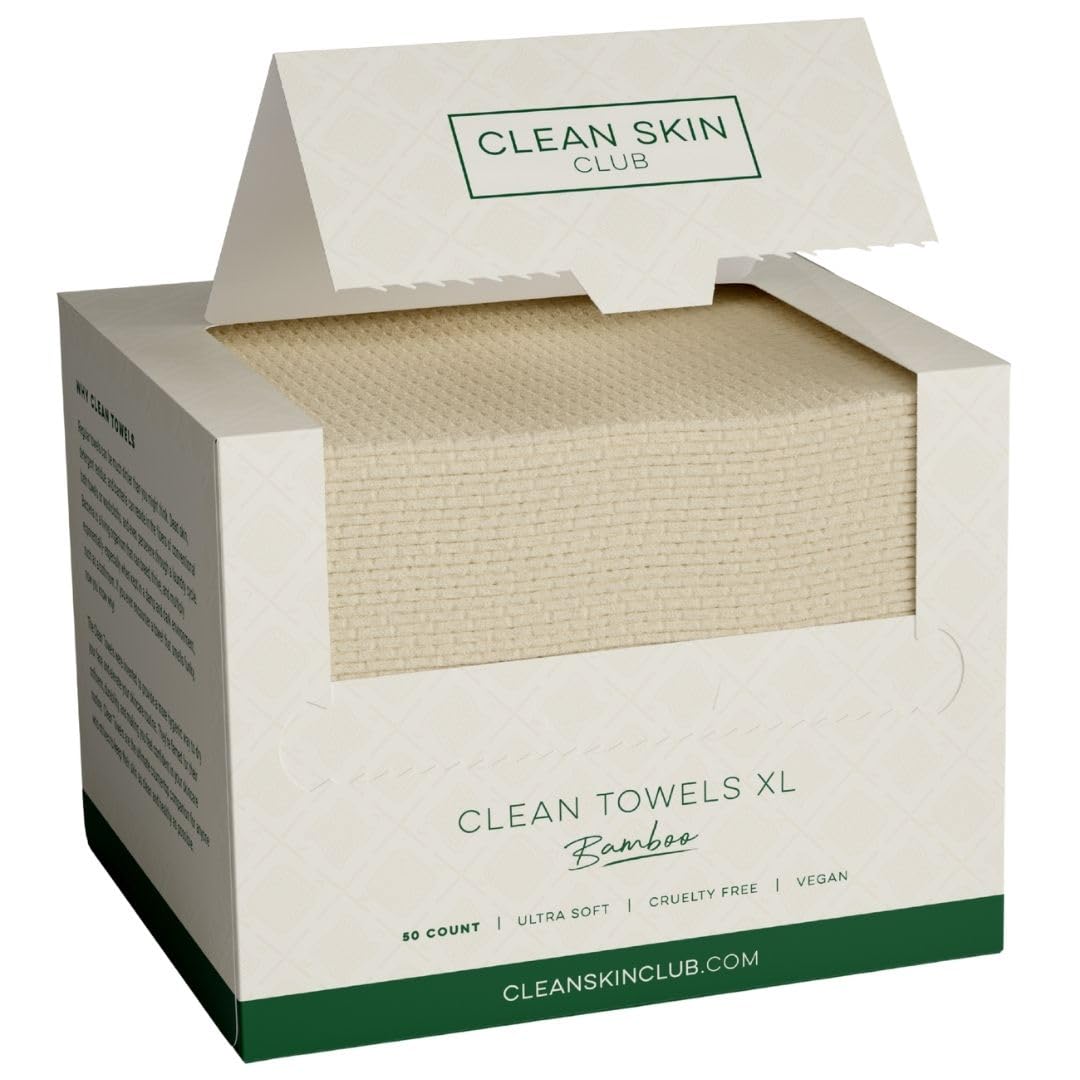 Clean Skin Club Bamboo Viscose Clean Towels XL™, 100% USDA Biobased Face Towel, Disposable Face Towelette, Makeup Remover Dry Wipes, Ultra Soft, 50 Ct, 1 Pack