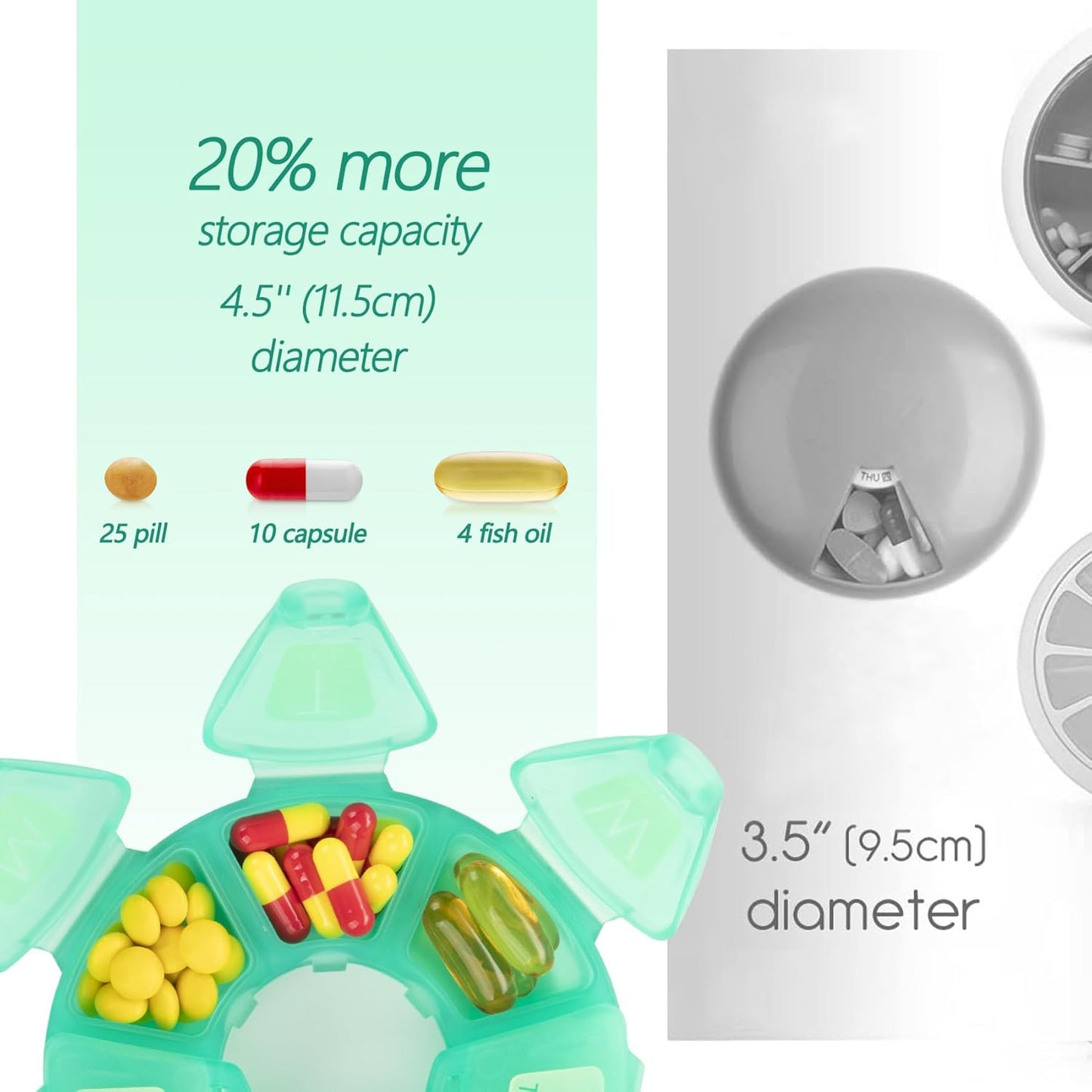 Round Weekly Pill Organizer, TPU Rubberized, Travel Pill Container 7 Day, with 7 Large Compartments, Cute Pill Case with Large Letters and Braille (2 pcs Green Rose)