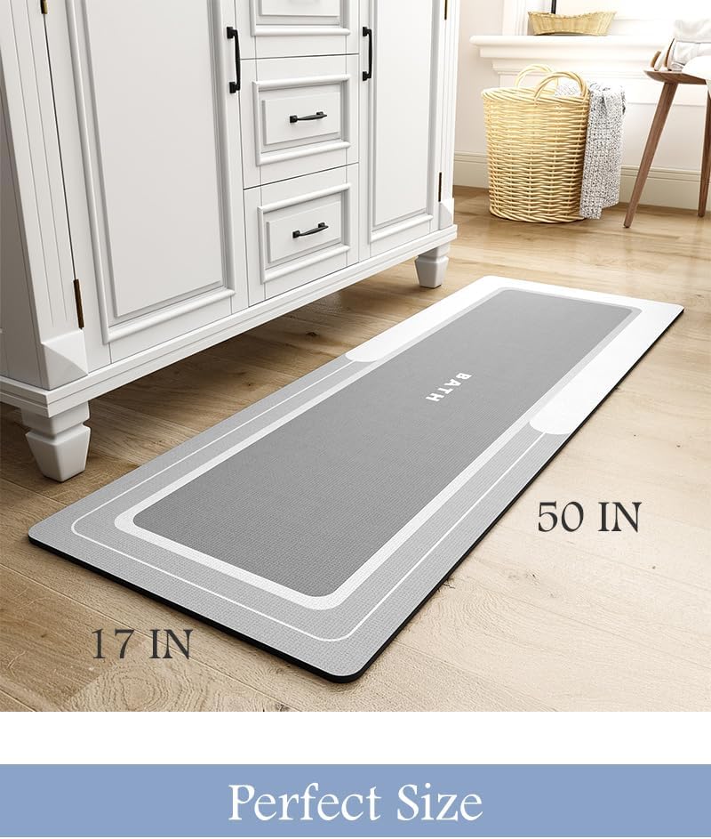 MontVoo Long Bath Mat Runner Non Slip Absorbent Stain Resistant Quick Dry Thin Bath Mat (17" x 50") - Grey