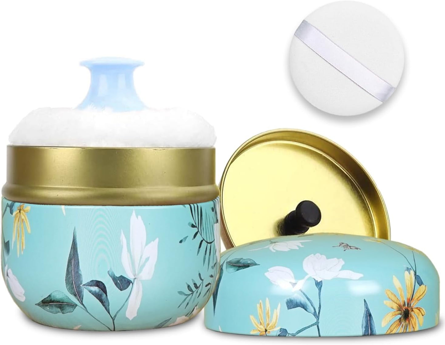 SHIMIDO Body Powder Puff and Container, 3.15" Portable Empty Body Powder Container for Baby Women's Loose Dusting Powder, Powder Case Box with Lids for Bath, Travel and Home Use (Cyan Flower)