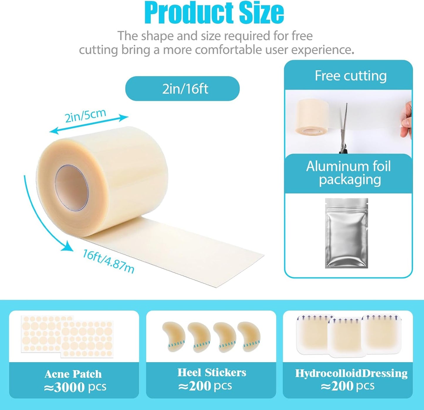 Hydrocolloid Roll for Wound Care, Hydrocolloid Bandages with Self-Adhesive, Cut-to-Size Patch Bandages, Ultra Absorbent, Waterproof, First Aid Kit Essential (2in*16ft)