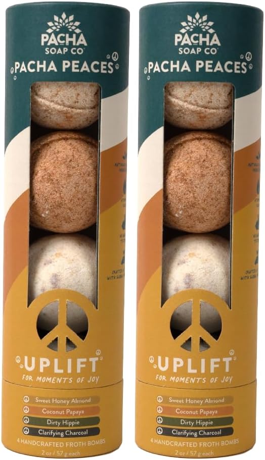 PACHA SOAP Co. Froth Bath Bomb, Pacha Peaces, Uplift, 2-Pack (8-Pieces) - Scents of Almond, Coconut, and Patchouli, & Lemongrass - Nourishing, Moisturizing, Naturally Derived & Handcrafted in The USA