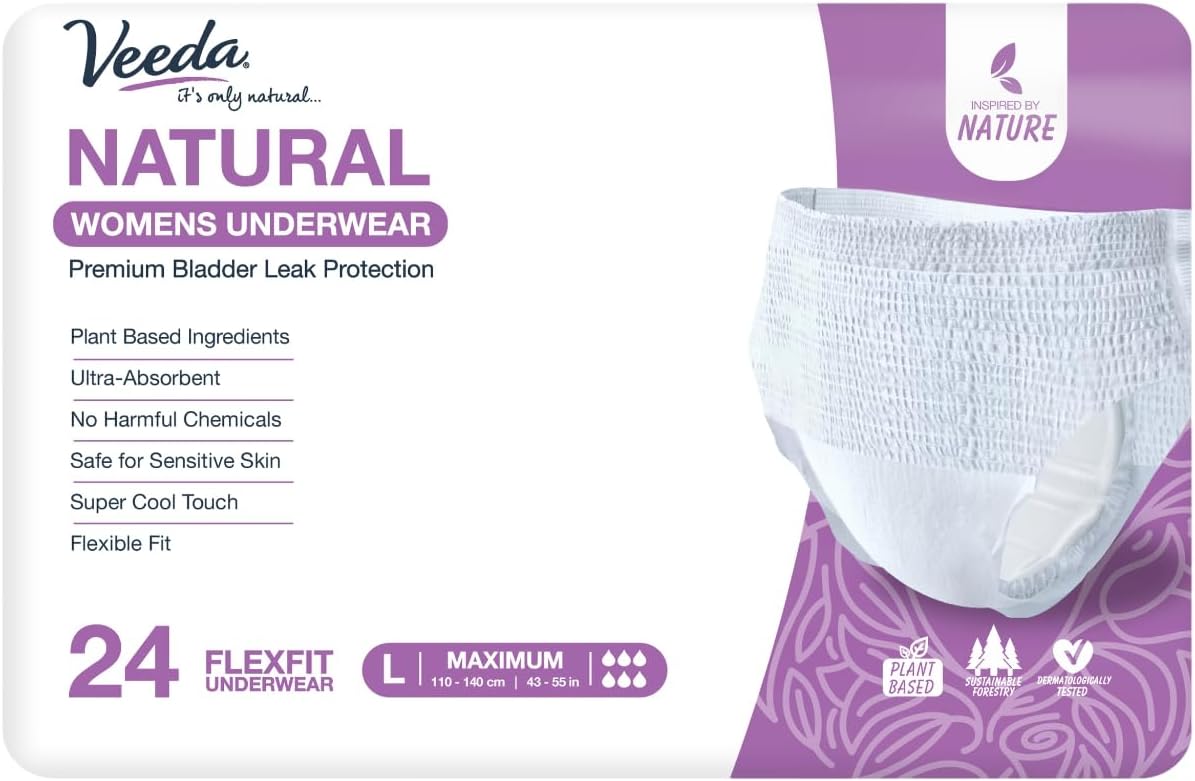 Veeda Natural Adult Incontinence Underwear for Women - Postpartum Underwear for Bladder Leakage Protection - Disposable Underwear with Maximum Absorbency - Large Size - 24 Count