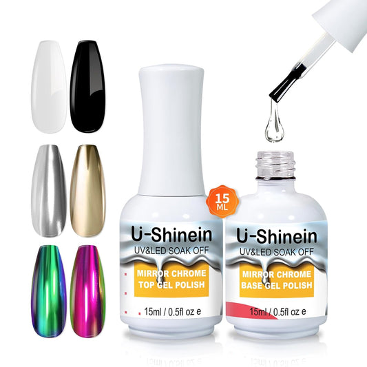 15ml Top Coat and Base Coat Set for Metallic Mirror Painting Gel, No Wipe Clear Top and Base Coat for Nail Polish, Chrome Nail Powder