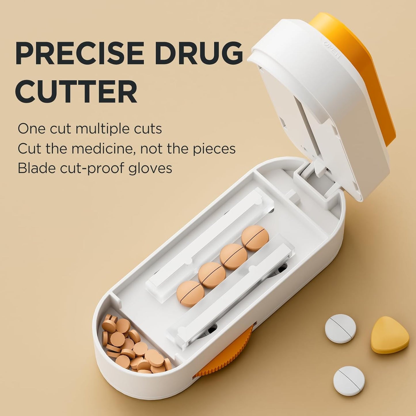 Pill Cutter Splitter for Small & Tiny Pills, Adjustable, Sharp Blade with Safety Guard (Orange)