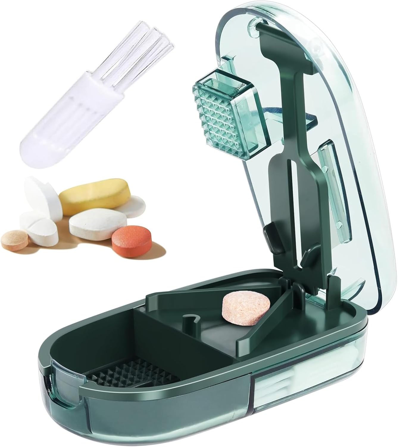Clear Pill Cutter & Crusher – Precision Tablet Splitter with Safety Blade Guard, Pill Storage and Built-in Cleaning Brush – for Small and Large Pills, Travel Ready (Transparent Green)
