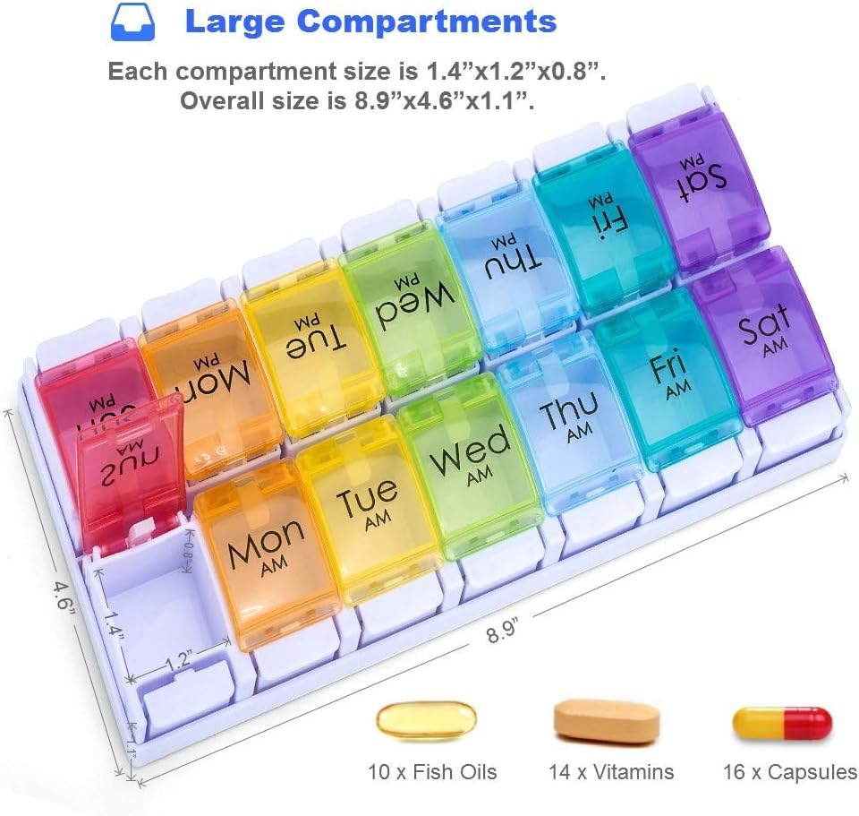 7 Day AM PM Pill Organizer, Moisture-Proof Design and Large Compartments to Hold Vitamins,Fish Oil,Supplements, Weekly Pill Box/Cases, Daily Medicine Dispenser (14 Compartments No Alarm)