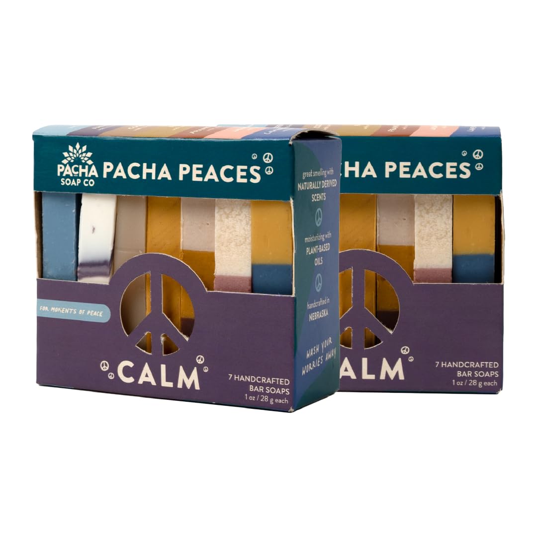 Pacha Soap Co. Bar Soap, Pacha Peaces, Calm, 2-Pack (4 oz ea) - Premium, Handcrafted, Hydrating, Natural Face Wash, Hand Cleanser, Body Wash, Soothing Essential Oils