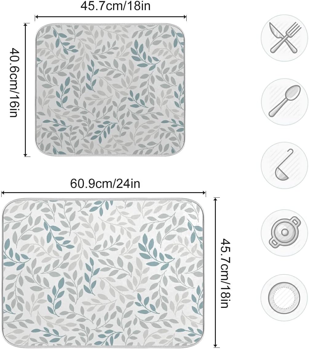 Grey and Blue Leaves branches Dish Drying Mat 16x18 for Kitchen Gray Leaves Botanical Spring Flowers Dishes Pad Dish Drainer Rack Mats Absorbent Fast Dry Kitchen Accessories