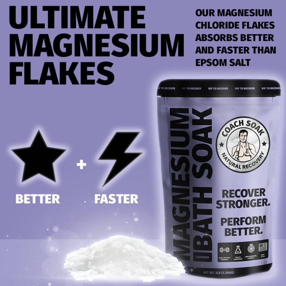 Coach Soak Recovery Bath Soak - Faster Absorption Than Epsom Salt for Pain - Rejuvenating Magnesium Flakes with 21 Minerals, Essential Oils & Bath Salts, 3lbs (Calming Lavender)