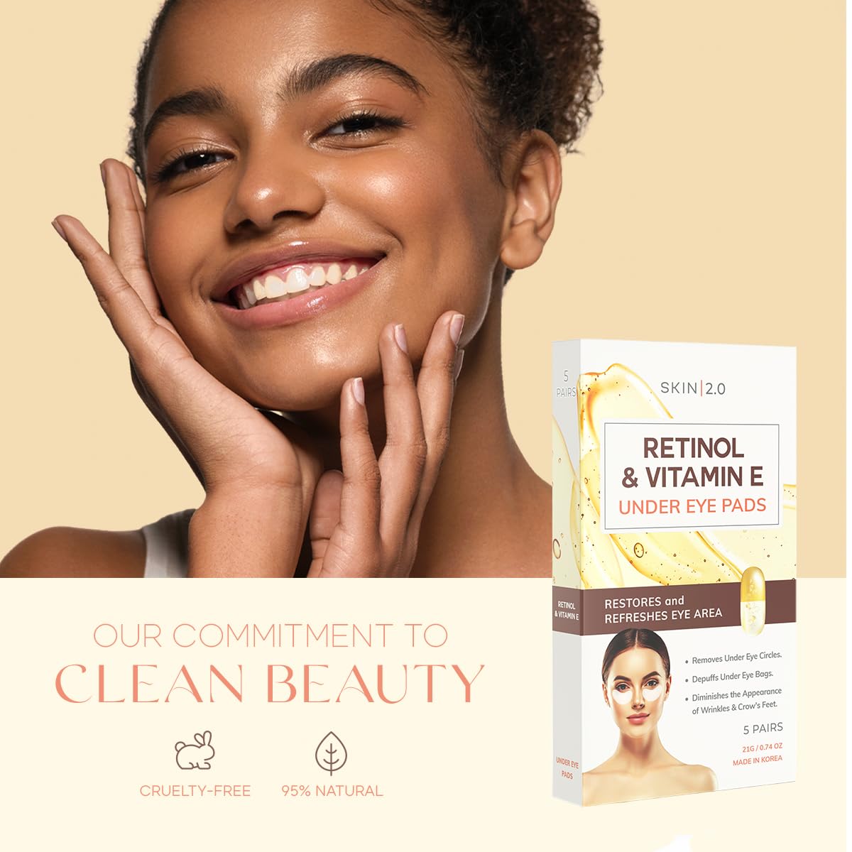 Retinol and Vitamin E Under Eye Patches - Reduce Wrinkles & Fine Lines, Dark Circles, Eye Bags, Depuffing Under Eye Pads - Cruelty Free Korean Skin Care For All Skin Types - 5 Pairs