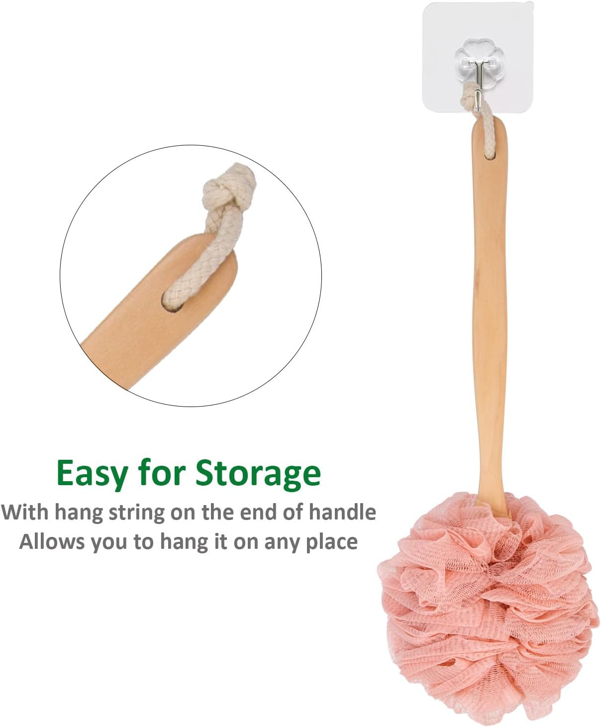 Loofah Back Scrubber for Shower, Wooden Long Handle Bath Sponge Lufa Shower Brush, Soft Nylon Mesh Back Cleaner Washer, Women & Men Exfoliating Luffa Pouf on a Stick for Body (Pink)