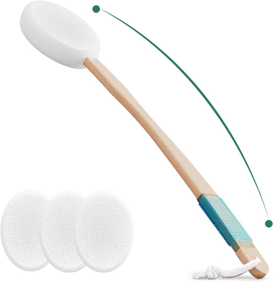 Back Lotion Applicator with 4 Replaceable Pads, Lotion Applicator for Back Self Elderly, Women, Sunscreen Applicator for Cream with 17" Curved Handle Easy to Target Back and Feet, White