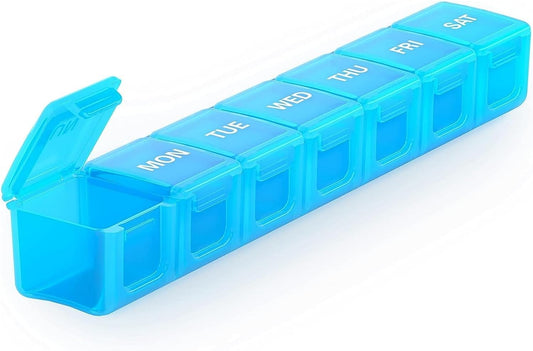 Sukuos Extra Large Weekly Pill Organizer, 7 Day Daily Pill Box Case Arthritis Friendly, Silkscreen Printed Medicine Container with Clear Lid for Vitamins, Fish Oils or Supplements (Blue)