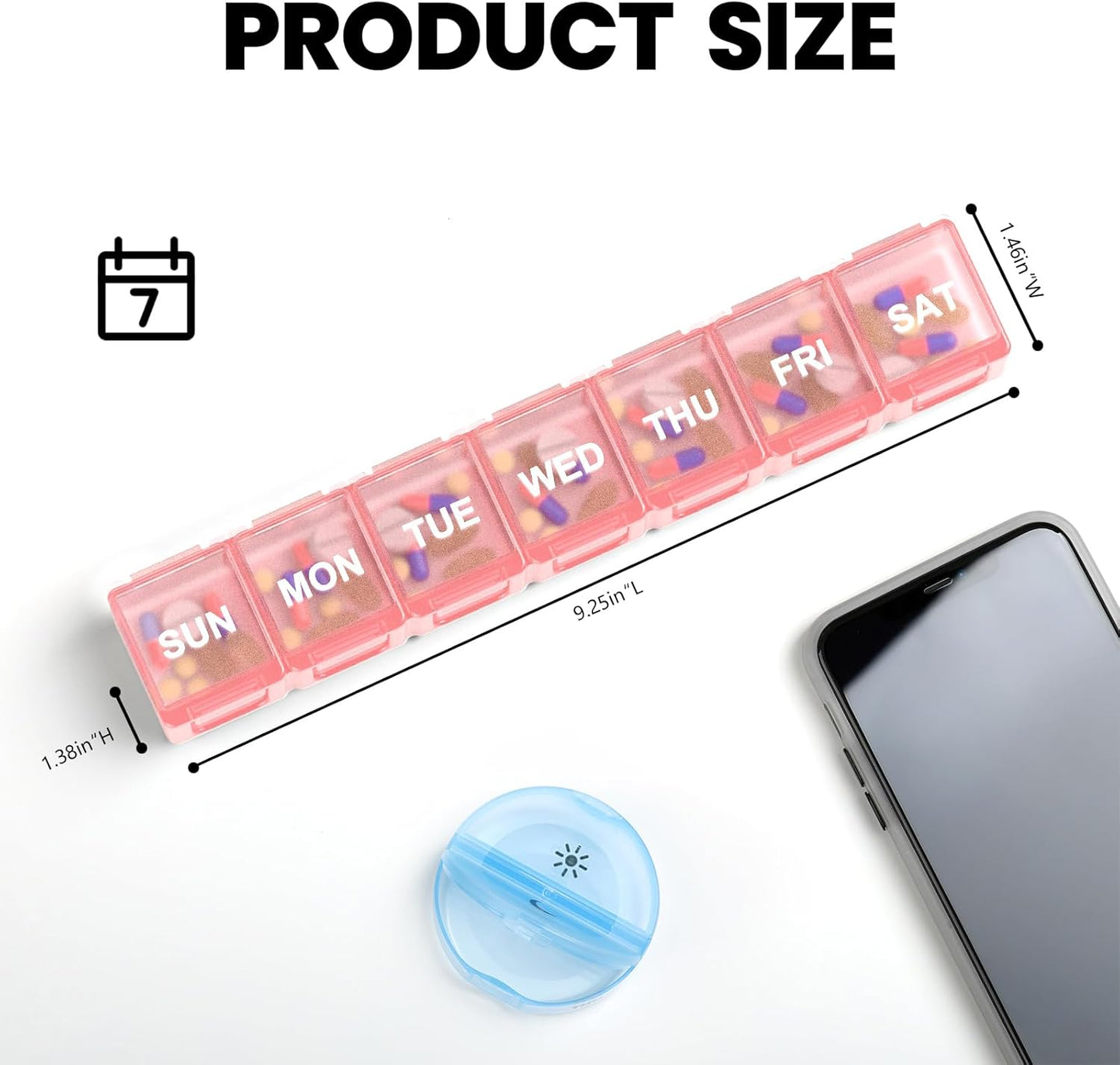 Sukuos Extra Large Daily Pill Organizer 7 Day, Easy to Open Weekly Pill Box Case, Portable Medicine Case Vitamin Holder with Clear Lid for Fish Oils or Supplements (Light Pink)