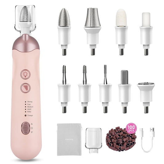 4 Pack 9-in-1 Nail Grinder Kit Salon-Quality Nails with 100 Bits, Cordless Nail File, 5 Adjustable Speeds,Pink