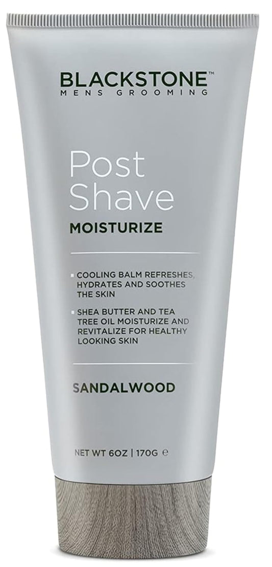 Blackstone Men's Grooming Post Shave Moisturizer with Tea Tree Oil, Shea Butter, Vitamin E, & Aloe | Soothing Cooling Balm | Cruelty & Paraben Free | Made in USA | Sandalwood (6 oz)