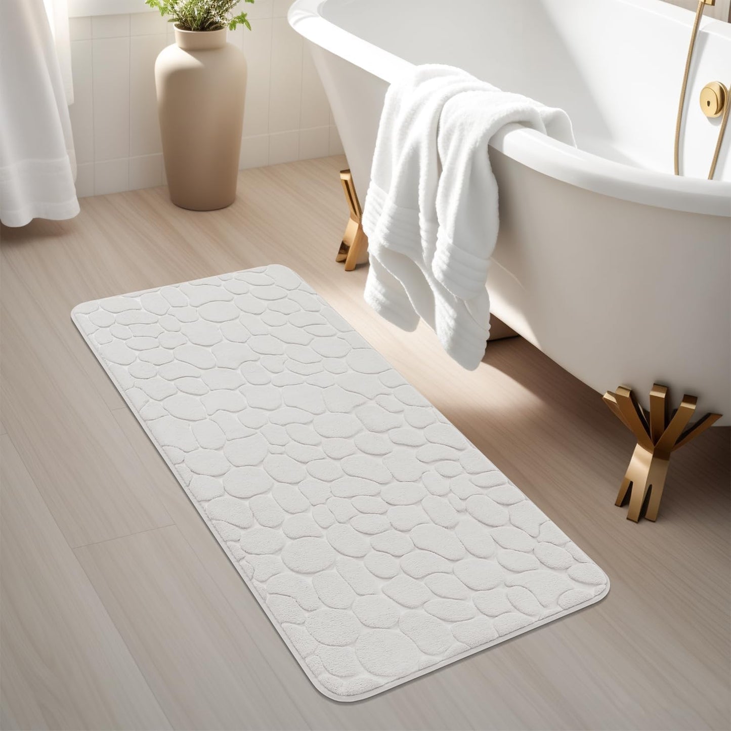 YIHOUSE Memory Foam Runner Rug, Cobblestone Bathroom Runner Rugs Super Water Absorbent Bath Mats for Bathroom Machine Washable Bath Rugs Runner for Hallway Bedroom Laundry Room(20 x 47,White)