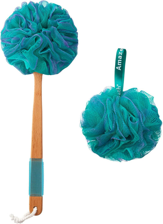 AmazerBath Shower Sponge Loofah Back Scrubber, PE Soft Mesh Loofah Body Scrubber with Long Wooden Handle, Bath Sponge for Men Women (Green)