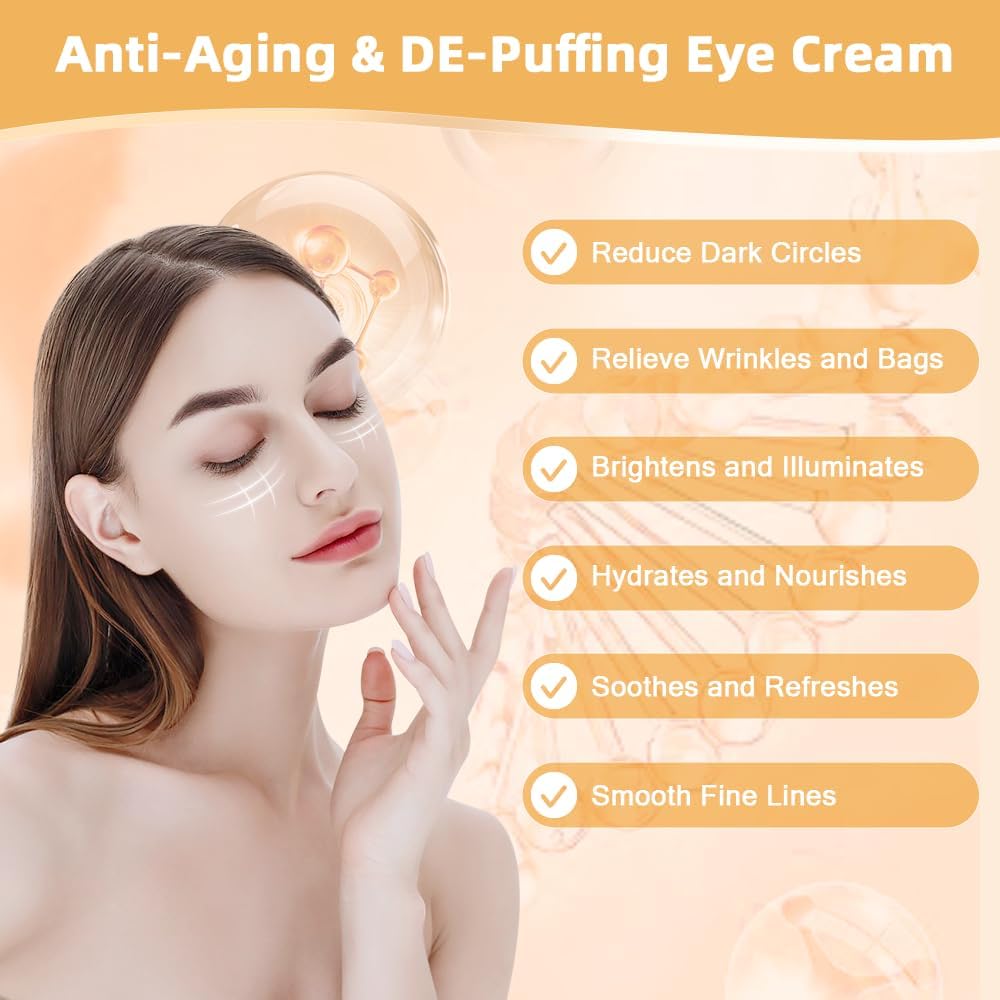 5% Caffeine Eye Serum Anti Aging, Eye Cream Reduce Dark Circles, Puffiness, Fine Lines, Wrinkles, Hyaluronic Acid Niacinamide Eye Moisturizer with 360° Massage Ball, Eye Balm for Men& Women