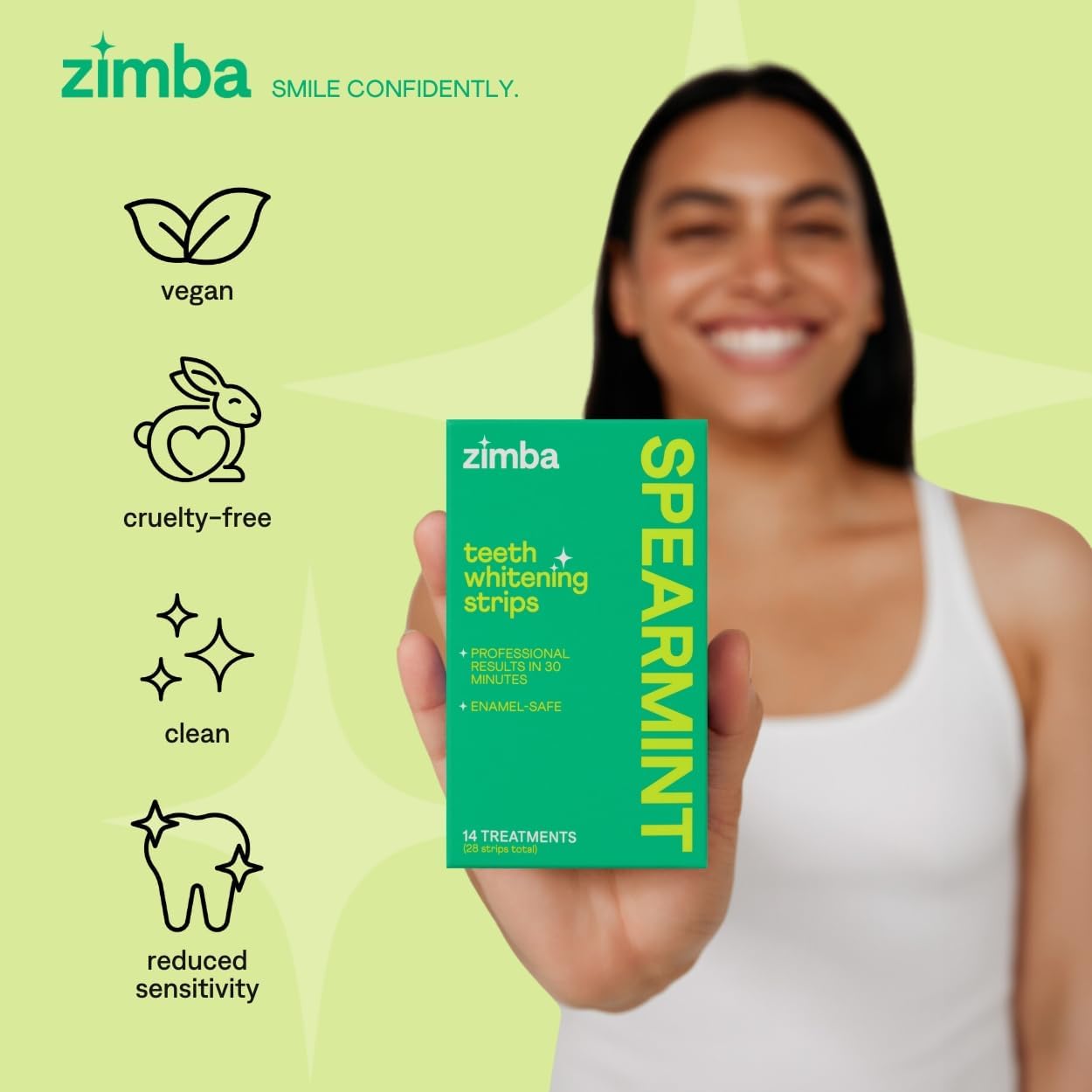 Zimba Spearmint Flavored Teeth Whitening Strips | Vegan, Enamel Safe Hydrogen Peroxide Teeth Whitener for Coffee, Wine, Tobacco, and Other Stains | 14 Day Treatment | Spearmint