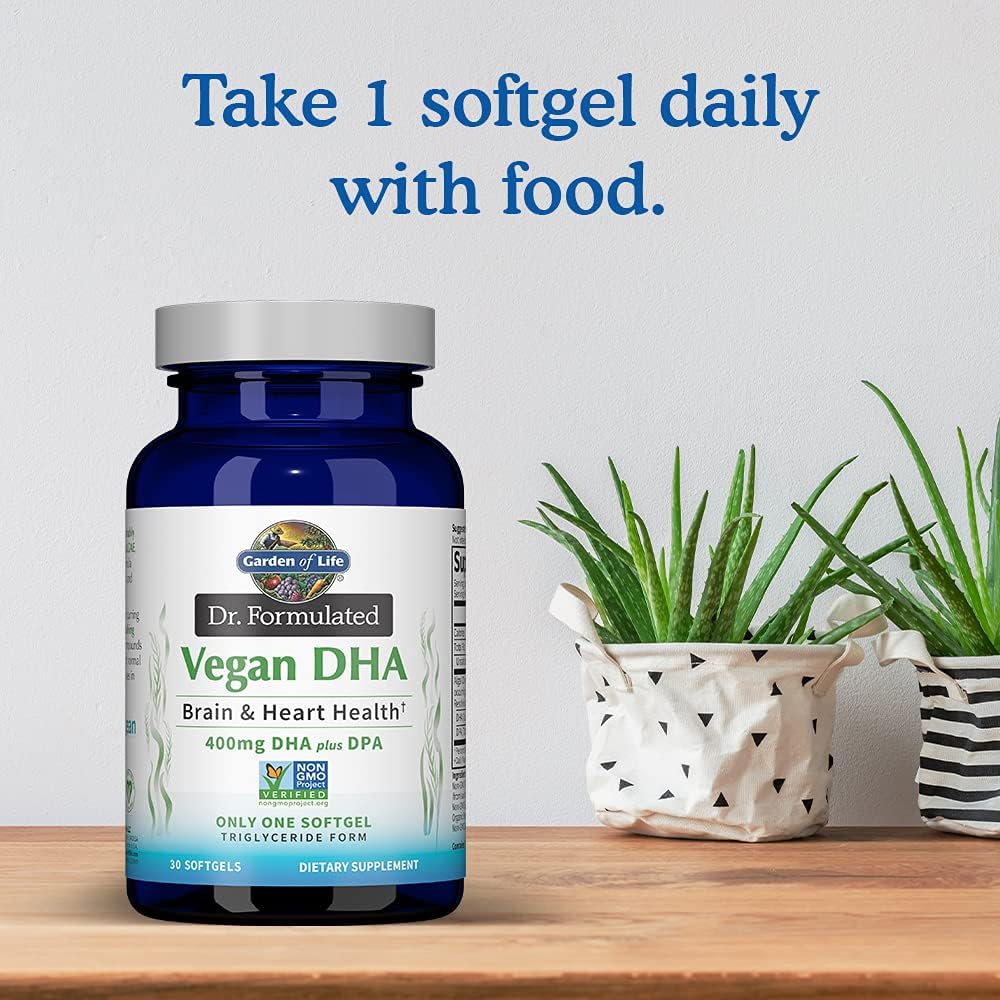 Garden of Life Omega 3 Vegan DHA Supplements Dr. Formulated Vegan DHA, 400mg DHA & 90mg DPA in Triglyceride Form from a Single Source, Omega 3 Supplement for Women's and Men's Health, 30 Softgels