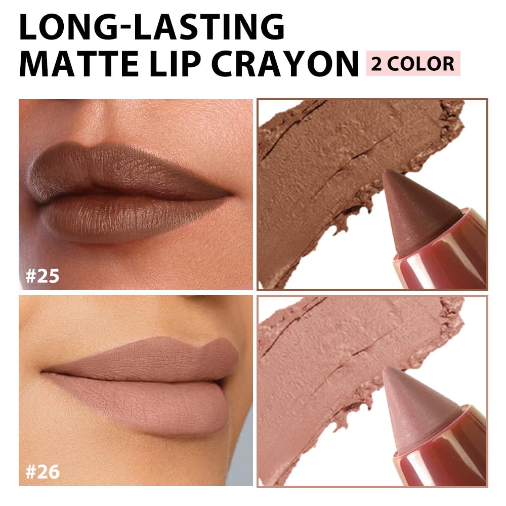 BINGBRUSH Matte Lip Crayon Set – Longwear, Waterproof, Velvet Finish, Built-in Sharpener, Smooth Lip Liner & Gloss (25#+26#, 2 Count (Pack of 1))