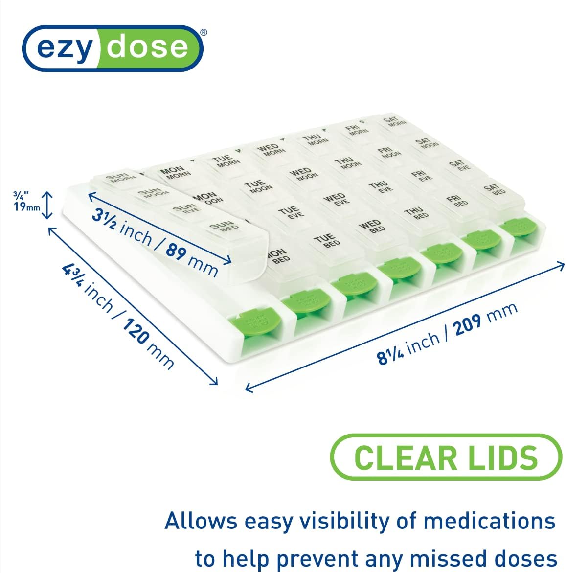 EZY DOSE Weekly (7 Day) 4 Times a Day Push Button Pill Organizer and Vitamin Planner, Removable Daily Pillboxes, Green, Convenient and Easy to Use, Clear Lids, Large, BPA Free