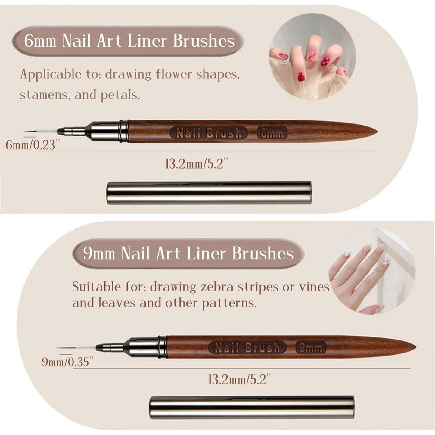 5Pcs Nail Art Liner Brushes, Fine Liner Striping Brush 6/9/12/15/18mm Thin Nail Art Design Brush with Cap Nail Brush Gel Polish Painting Nail Art Design Brushes for Long Lines, Thin Details