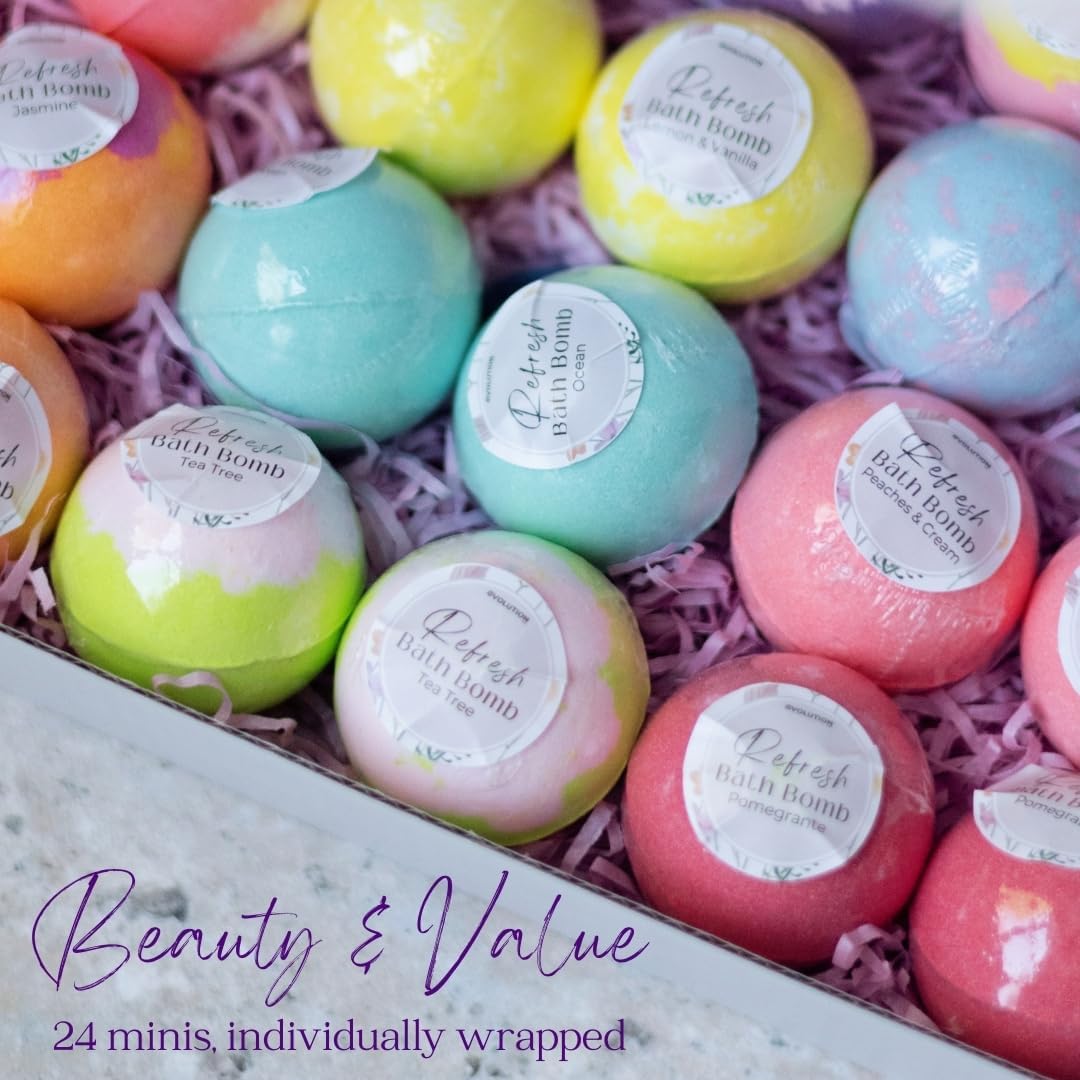 EvolutionUSA Refresh Bath Bombs for Women, 24 Lush Bath Bombs Mini Sized, Luxurious Womens Gift for Mother's Day, Easter, Birthday or Self Care, Luxurious & Relaxing Bathbombs, Womens Bath Balls