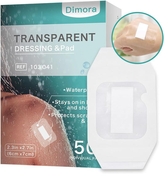Dimora Transparent Film Dressing with Pad 50 Pack, 2.3"x2.7" Waterproof Adhesive Bandages Post Surgical Wound Cover Barrier Film