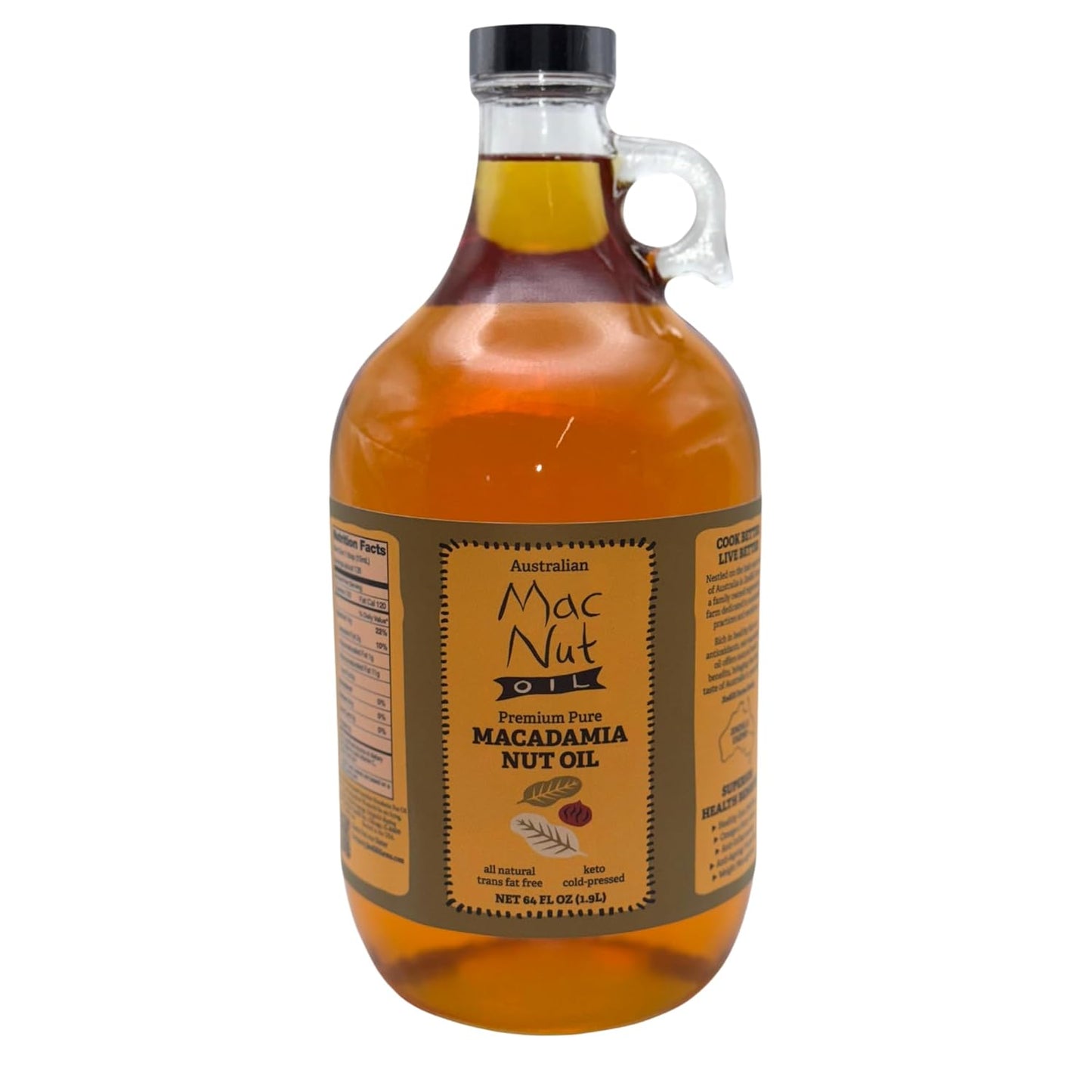 Macadamia Nut Cooking Oil- Australian Pure Cold Pressed Macadamia Nut Oil, Unrefined, Natural Cooking Oil, High Smoke Point Fry Oil, Non GMO, Vegan, Keto Friendly and Gluten Free (64 fl oz)